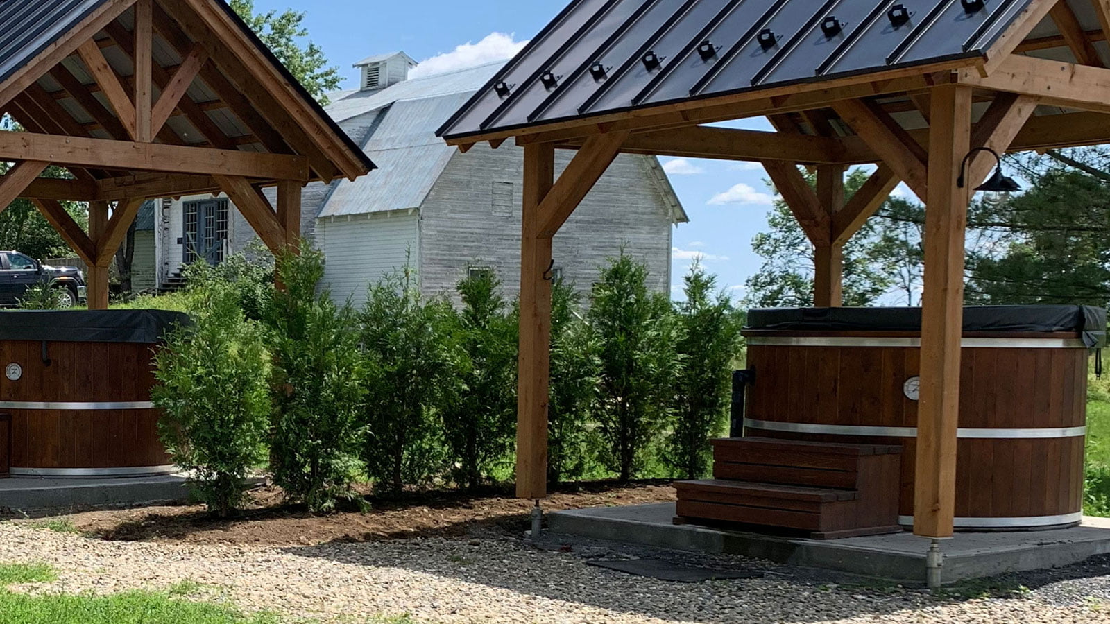 Haie de cedres entre deux abris.